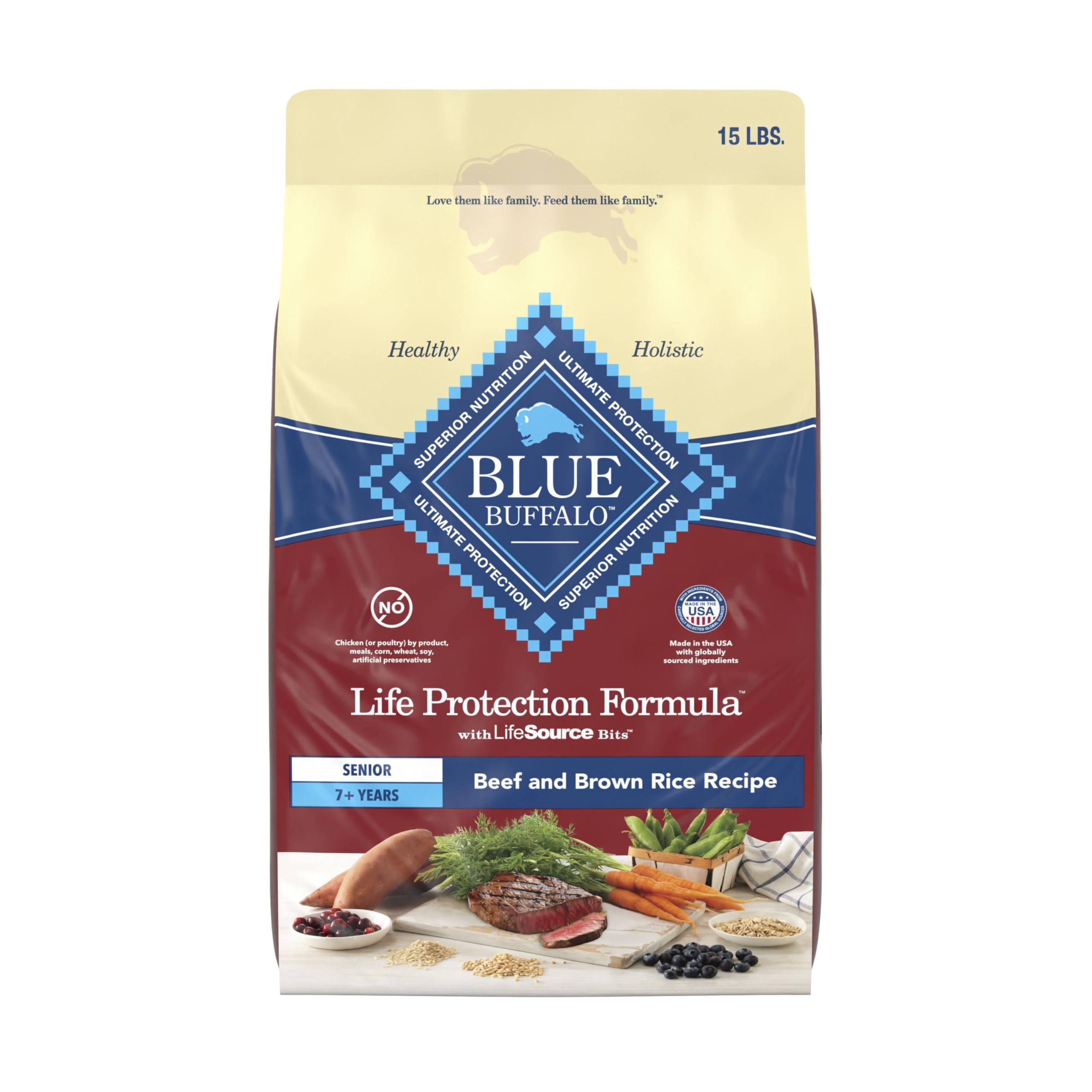 Blue Buffalo Life Protection Senior 7+ dry dog food bag supports senior vitality.