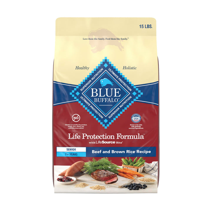 Blue Buffalo Life Protection Senior 7+ dry dog food bag supports senior vitality.
