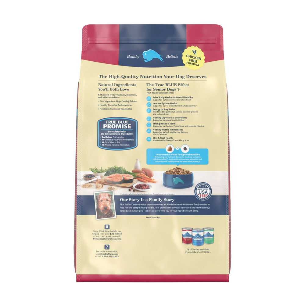 Blue Buffalo Life Protection Senior 7+ chicken-free formula bowl highlights poultry-free nutrition