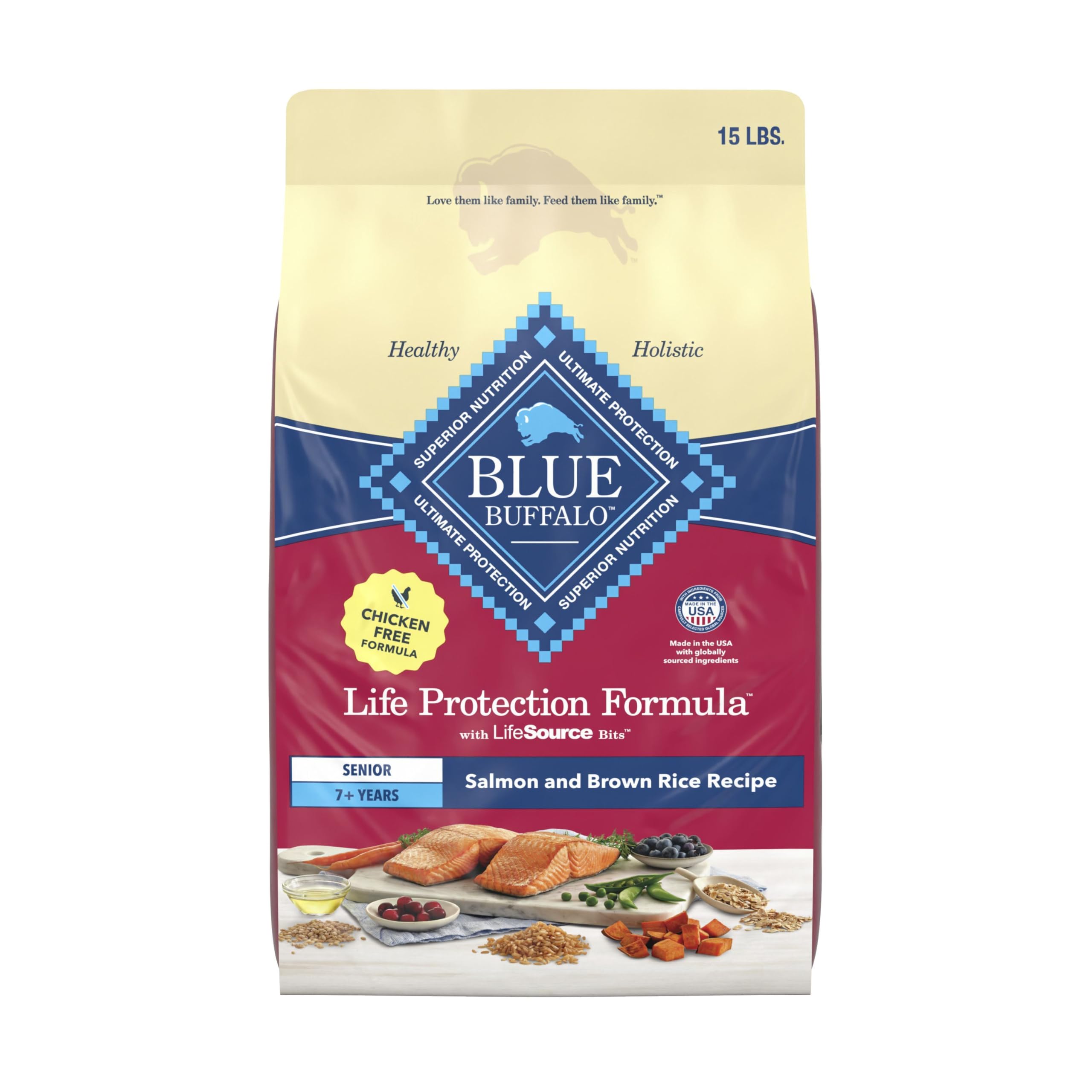 Blue Buffalo Life Protection Senior 7+ salmon-first bag emphasizes real salmon as the first ingredient