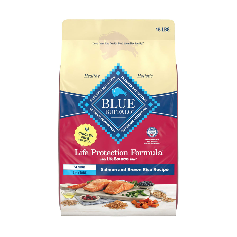 Blue Buffalo Life Protection Senior 7+ salmon-first bag emphasizes real salmon as the first ingredient