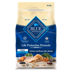 Blue Buffalo Life Protection Senior bag front highlighting real chicken and mobility support for older dogs.