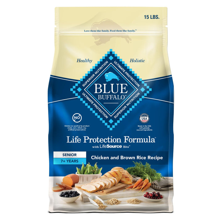 Blue Buffalo Life Protection Senior dry dog food bag front view with real chicken and brown rice for balanced nutrition