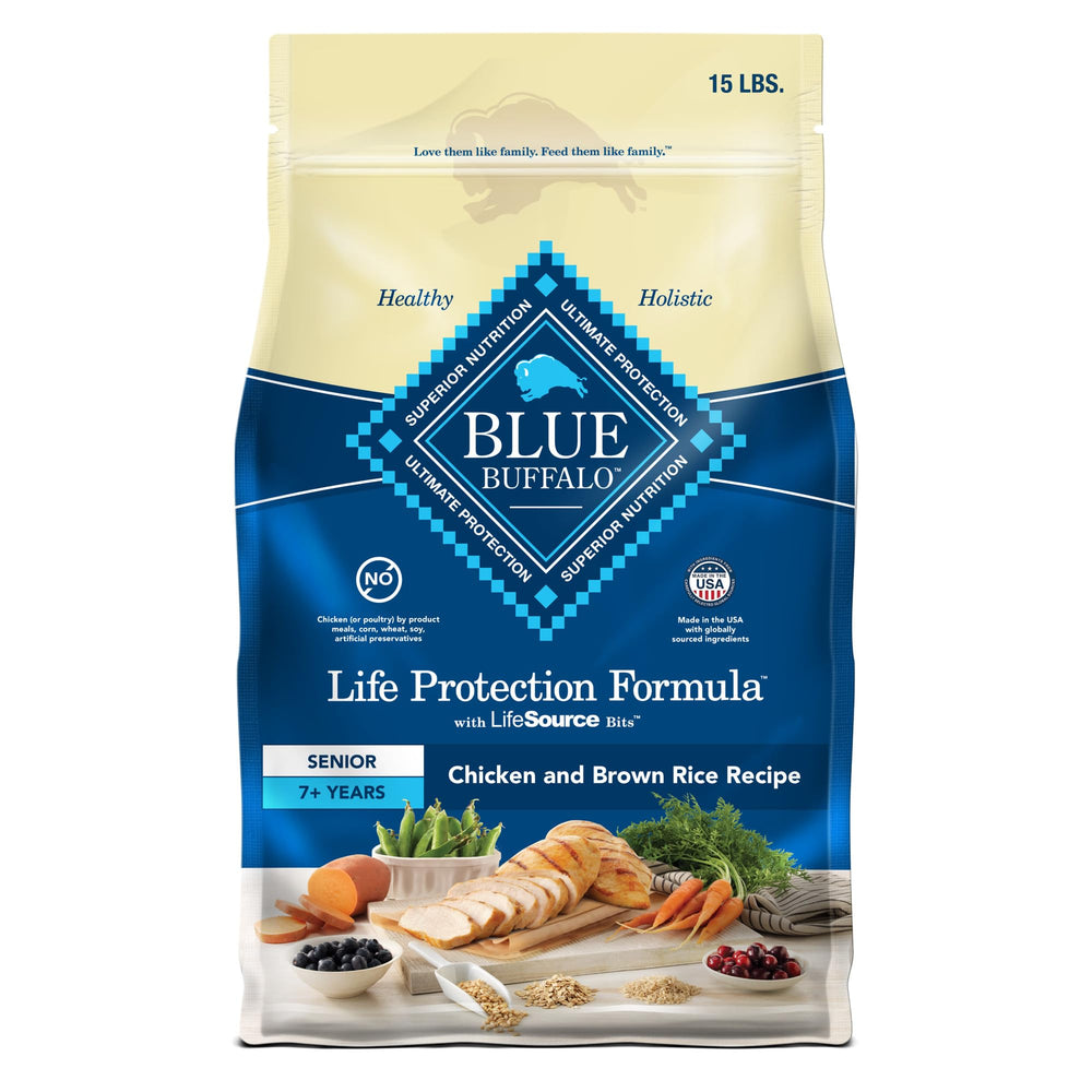 Blue Buffalo Life Protection Senior dry dog food bag front view with real chicken and brown rice for balanced nutrition