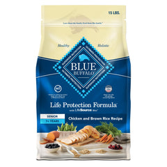 Blue Buffalo Life Protection Senior dry dog food bag front view with real chicken and brown rice for balanced nutrition