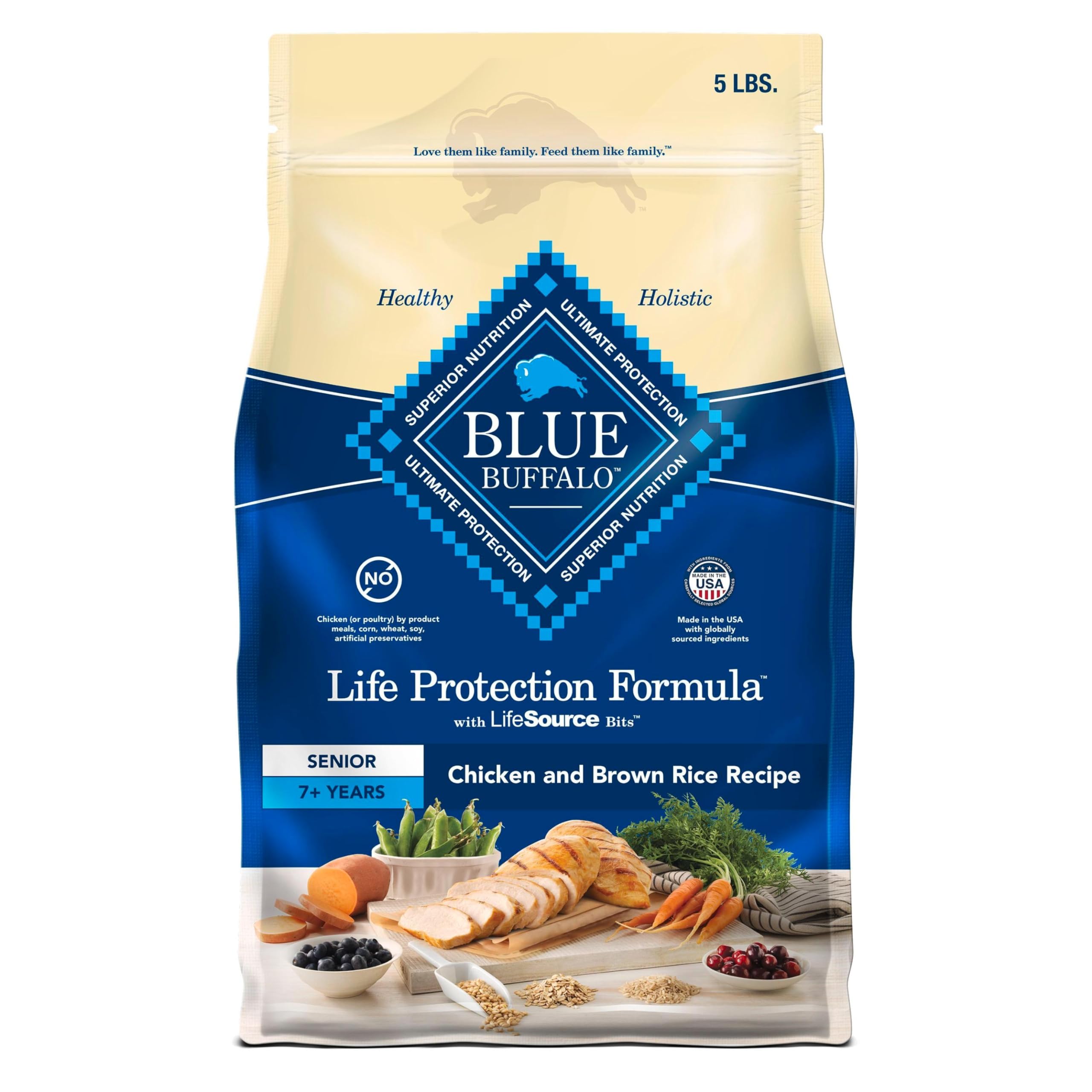 Blue Buffalo Life Protection Senior dog food bag highlighting mobility support for aging dogs