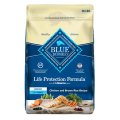 Blue Buffalo Life Protection Senior dry dog food packaging highlights real chicken first for senior dogs