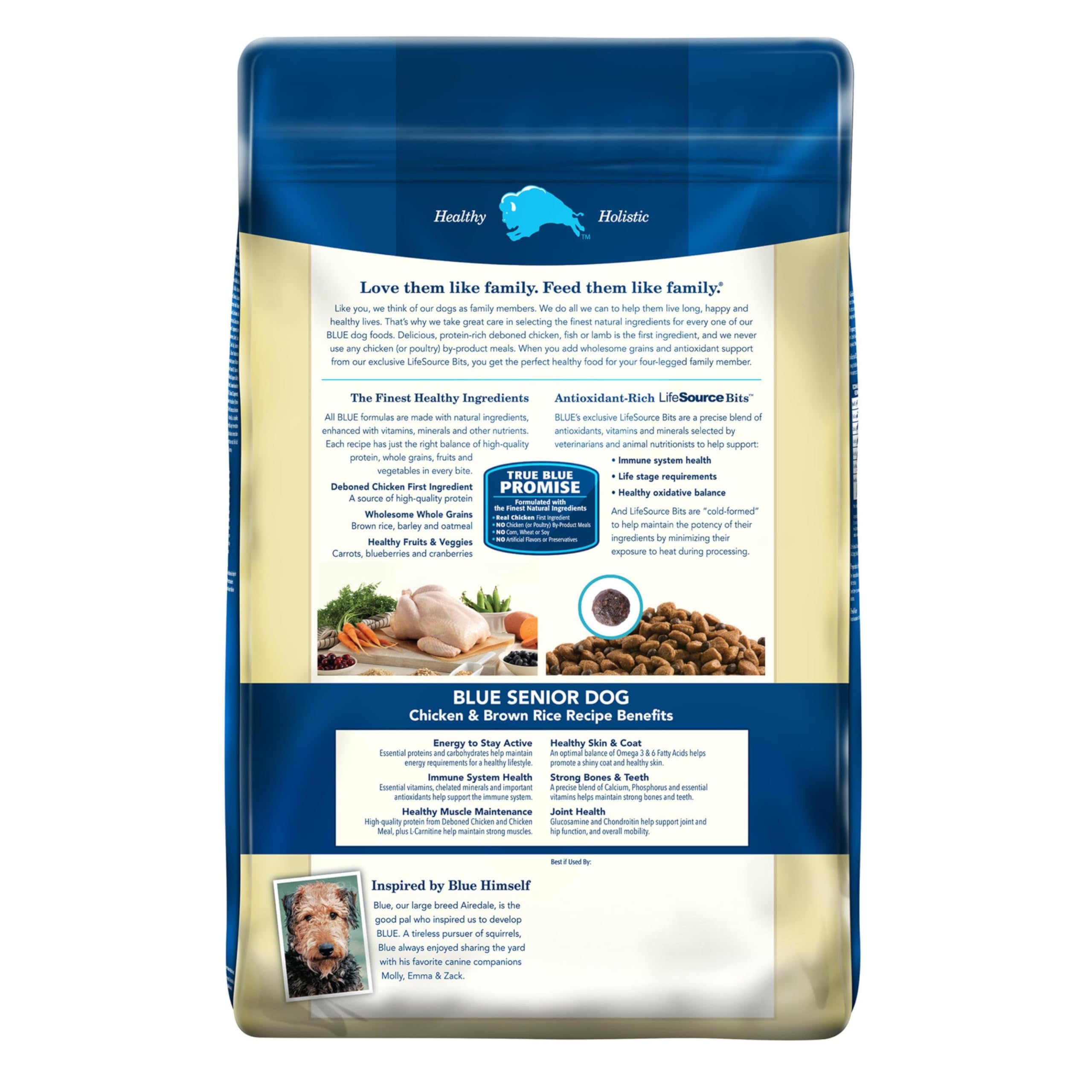 Blue Buffalo Life Protection Senior packaging close up shows glucosamine and chondroitin for joints