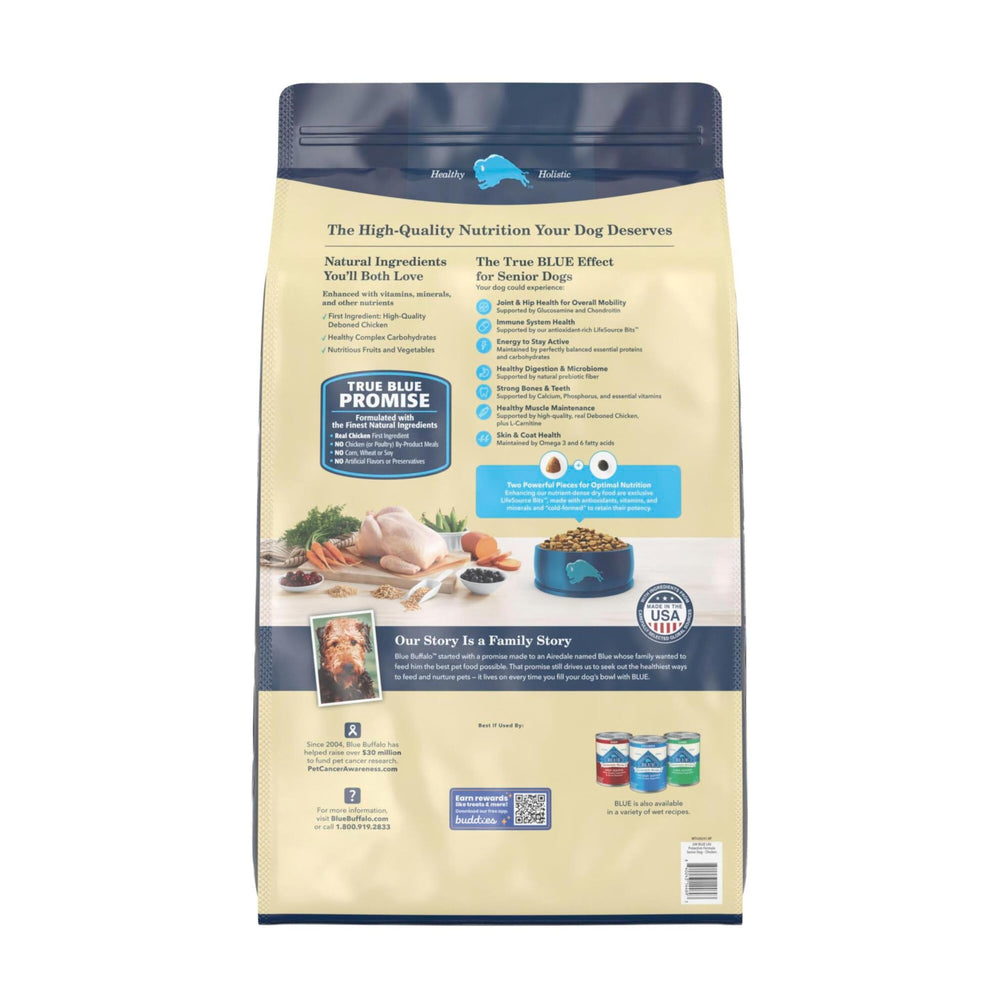 Blue Buffalo Life Protection Senior kibble closeup showing protein-rich bites for energy.