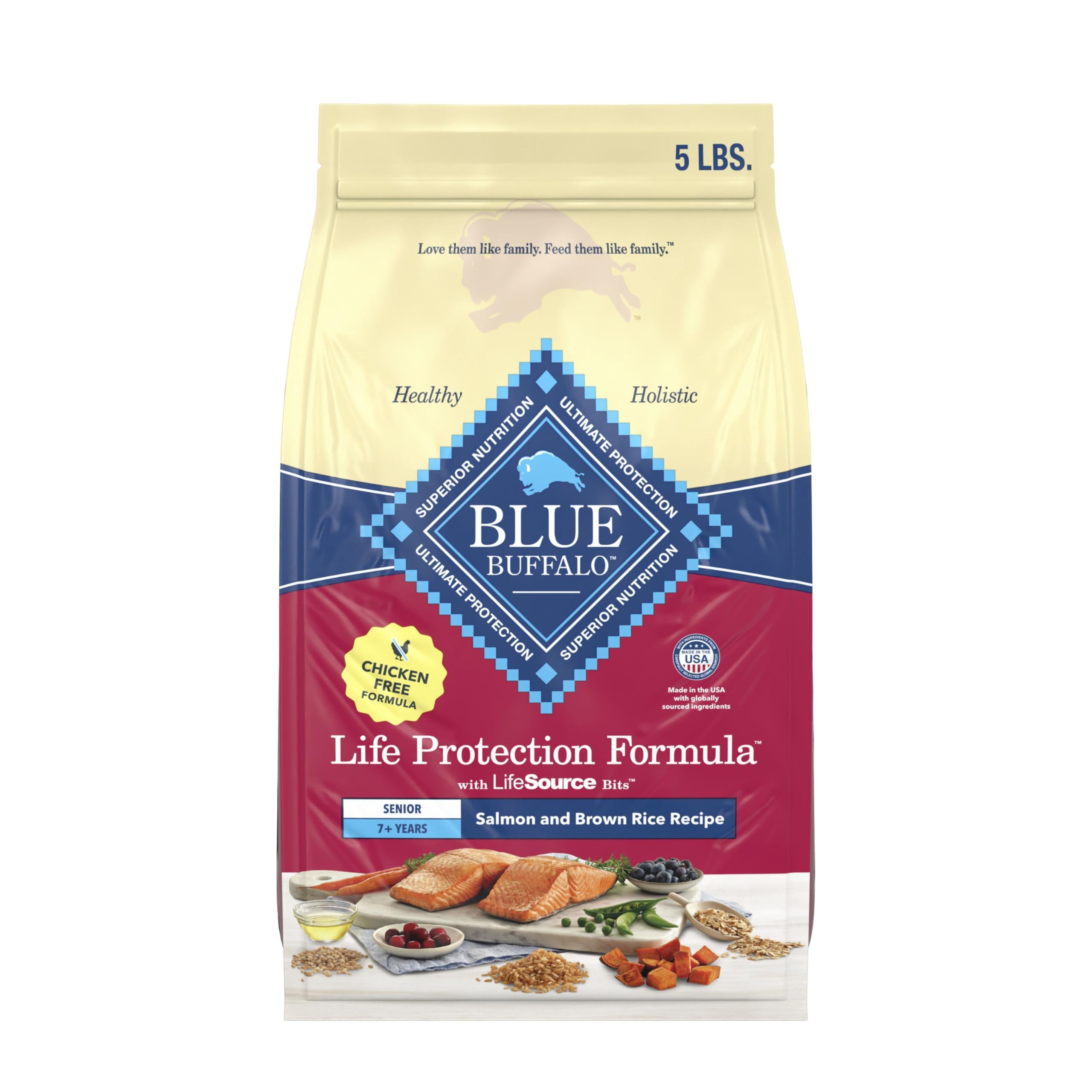 Blue Buffalo Life Protection Senior salmon-first kibble in bowl supports mobility