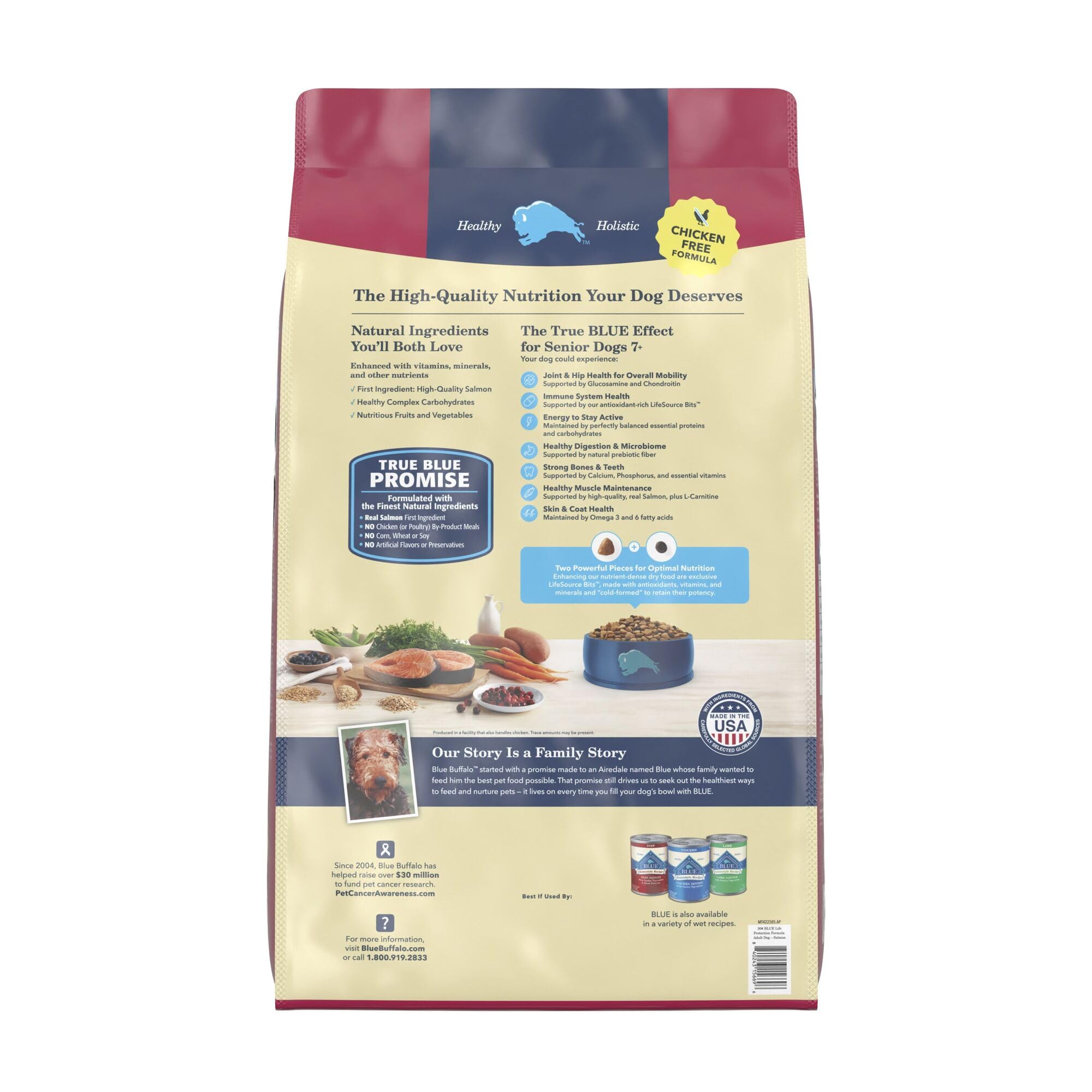 Blue Buffalo Life Protection Senior 7+ chicken-free formula image for sensitive diets.