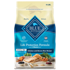 Blue Buffalo Life Protection Small Bite chicken and brown rice bag highlights real chicken first for lean muscle support