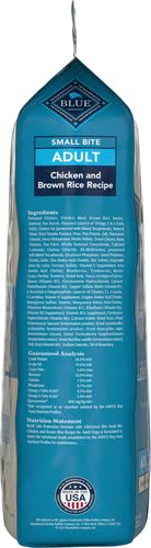 Closeup of Blue Buffalo Life Protection Small Bite ingredients featuring chicken and brown rice