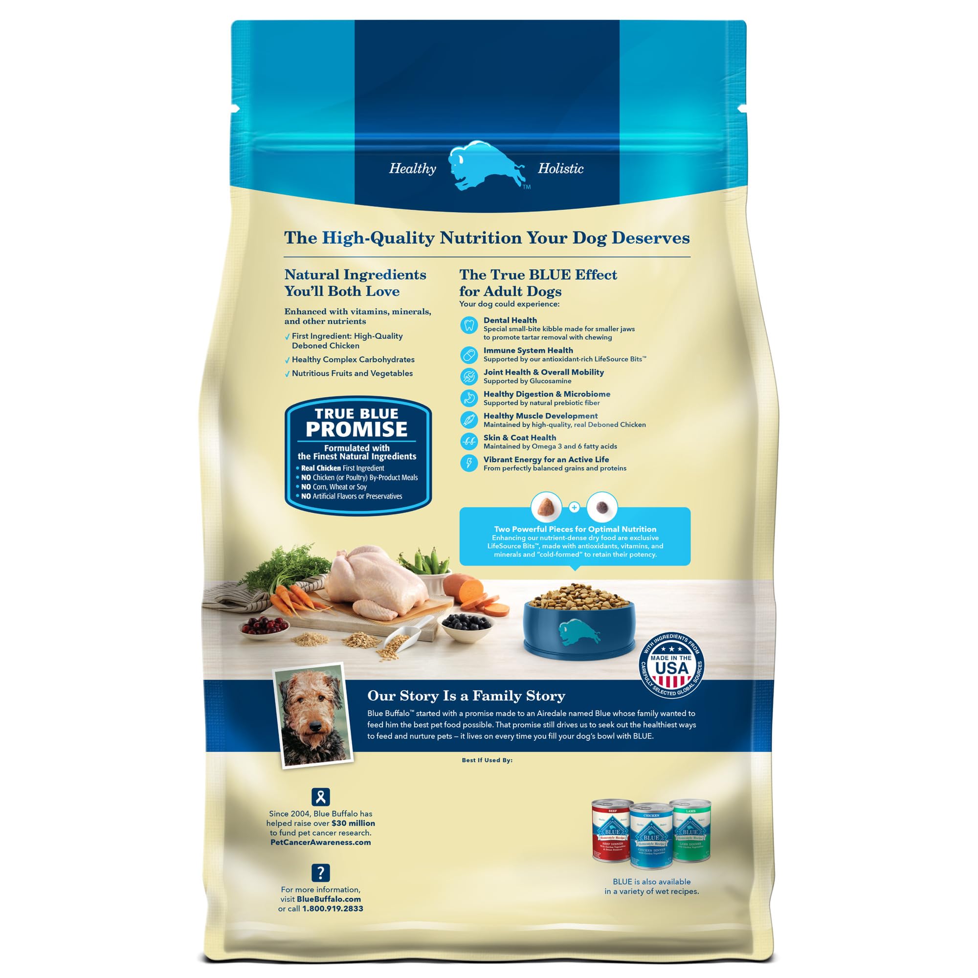 Closeup of Blue Buffalo Life Protection Small Bite kibble with natural ingredients