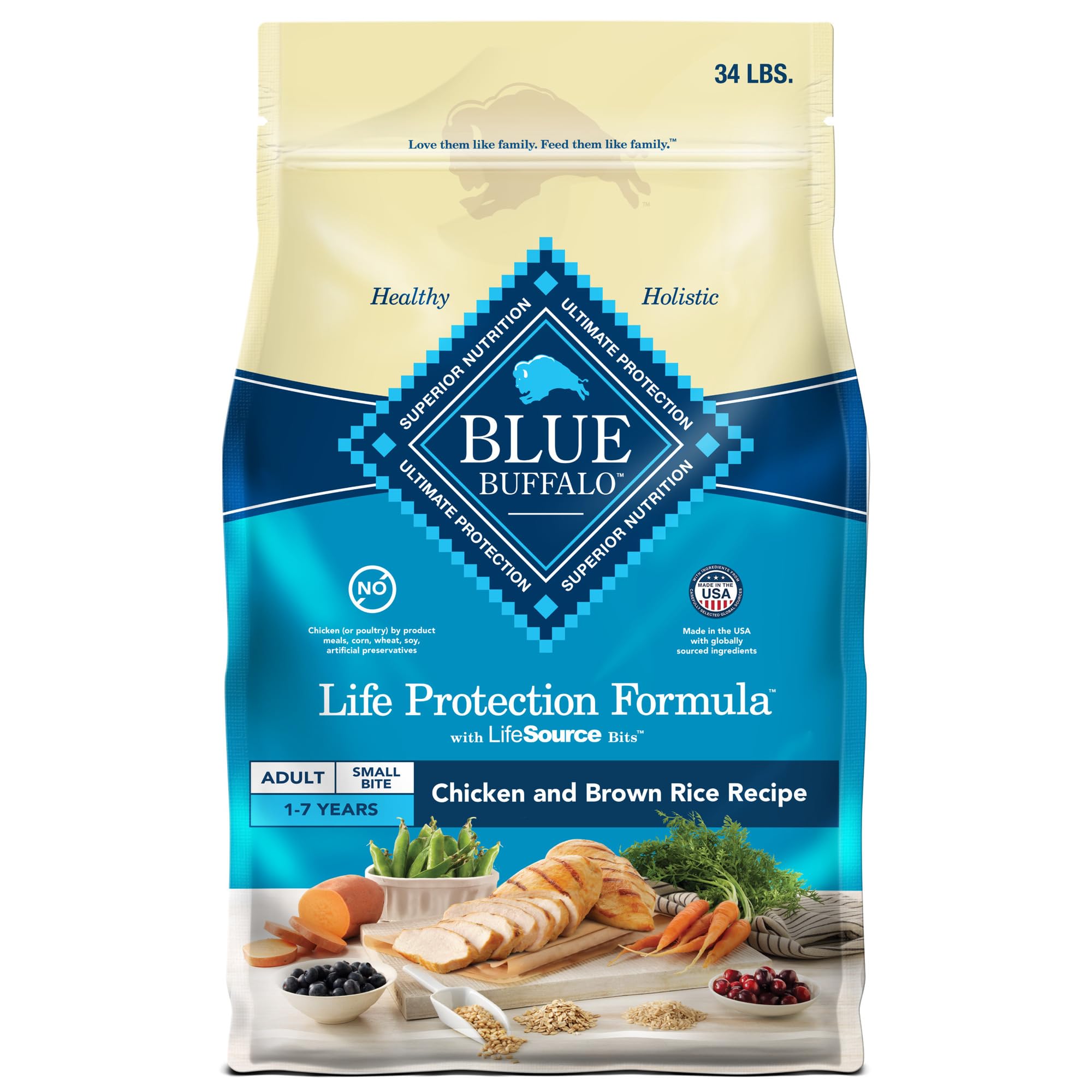 Blue Buffalo Life Protection Small Bites bag front highlights real chicken first ingredient for balanced nutrition