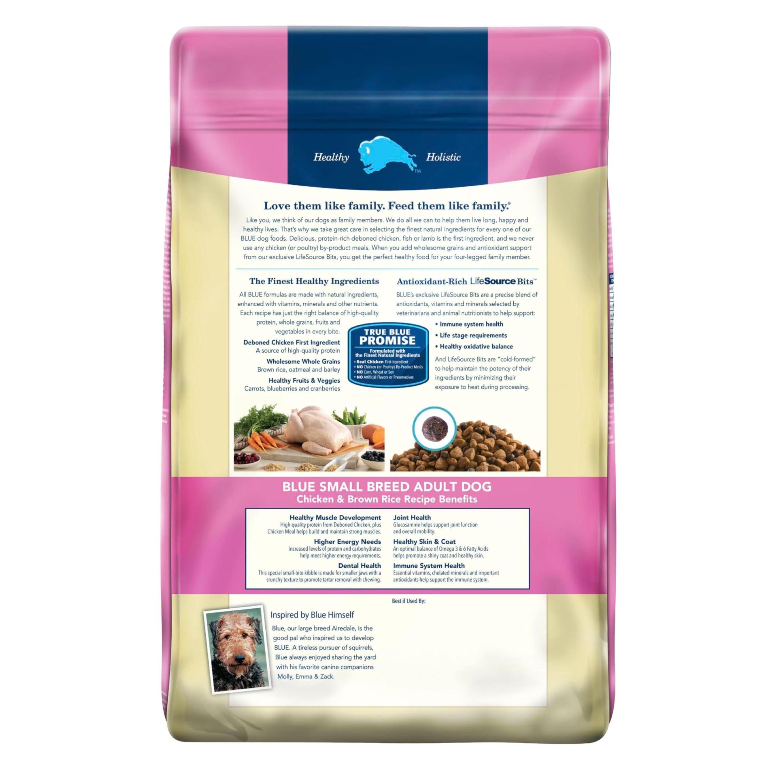 Blue Buffalo small breed formula supports high energy with balanced protein and carbs