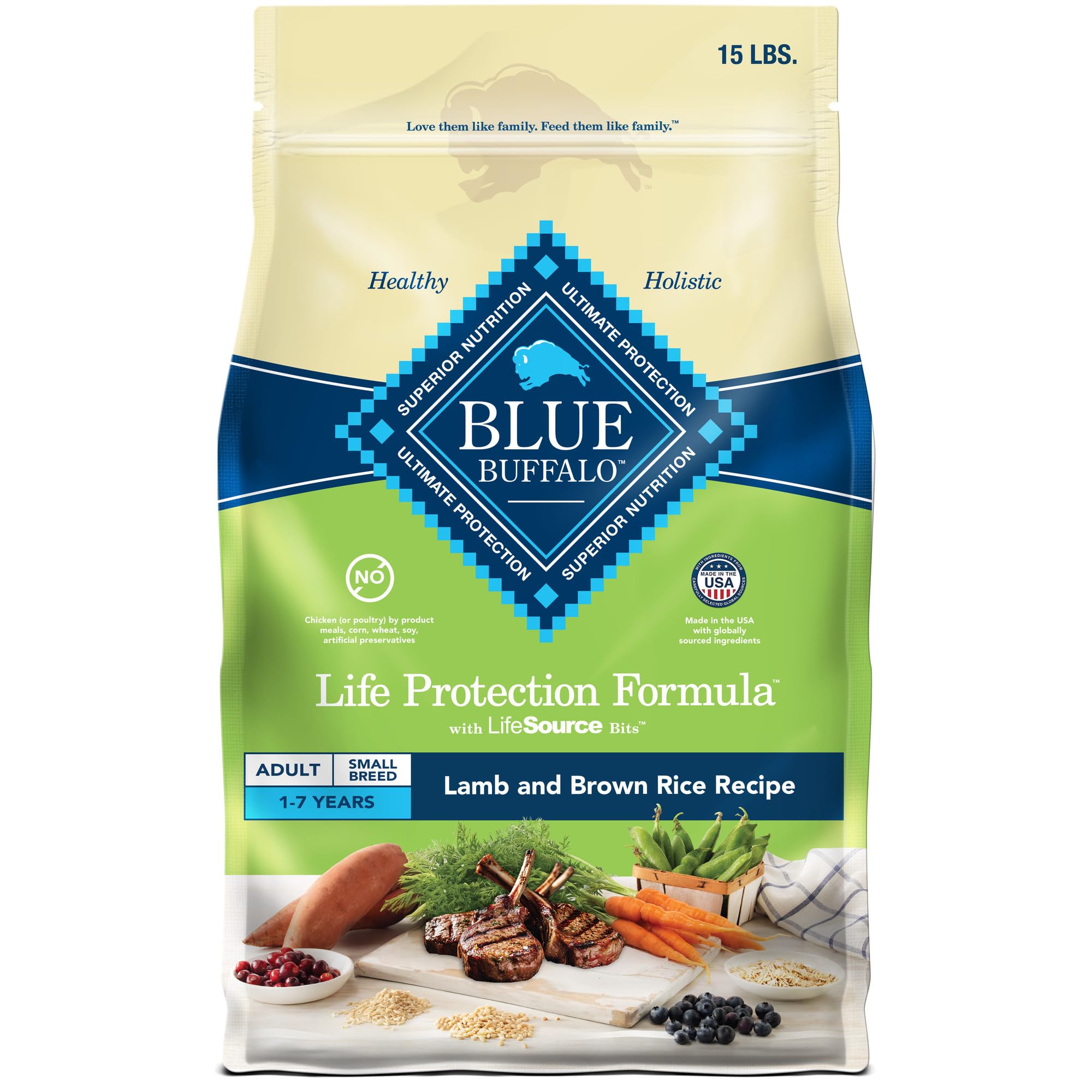 Blue Buffalo Life Protection Small Breed Lamb & Brown Rice bag highlights protein-rich nourishment