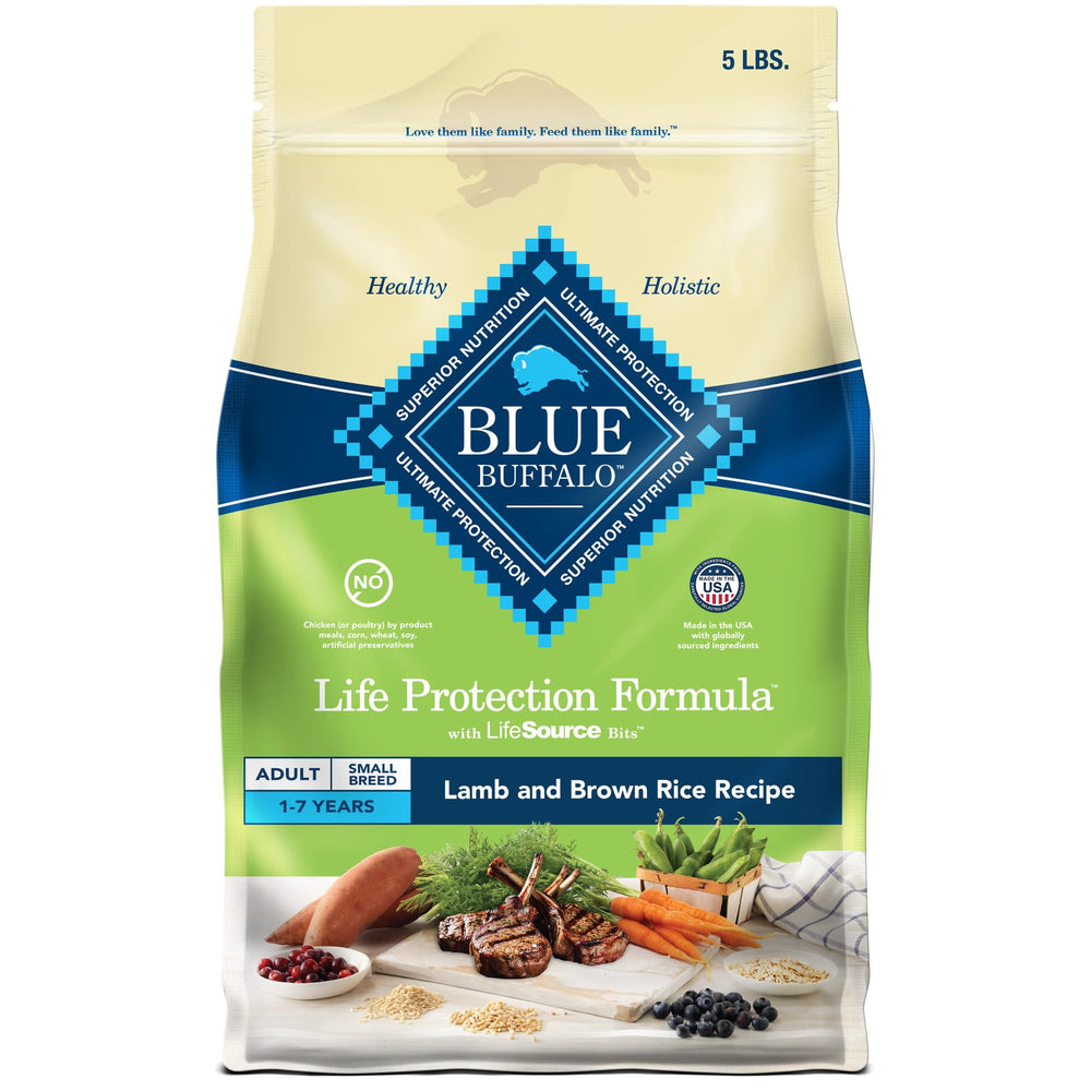 Blue Buffalo Life Protection Small Breed bag shows real lamb and brown rice for balanced nutrition.