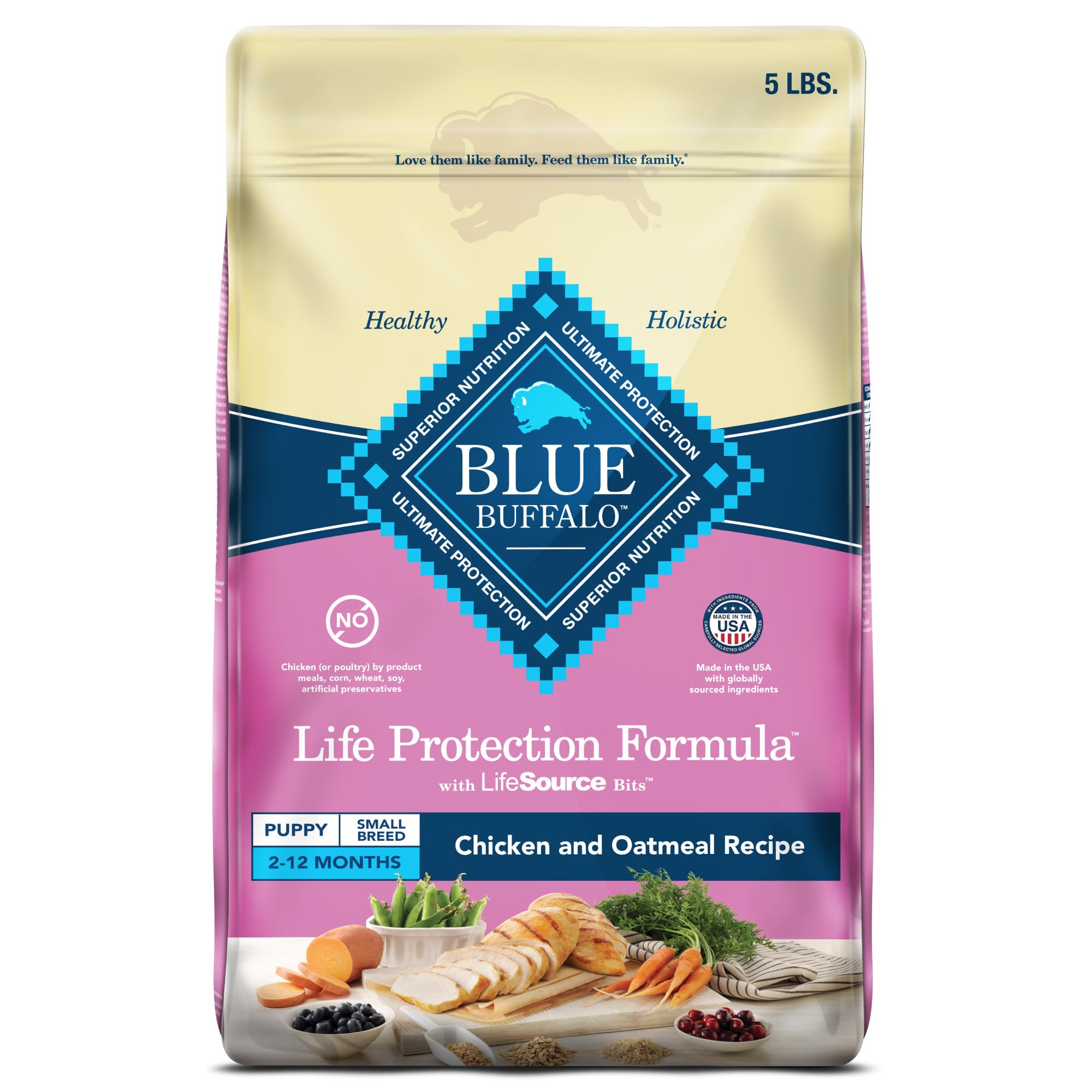 Blue Buffalo Life Protection Small Breed Puppy Food bag showing real chicken first ingredient.
