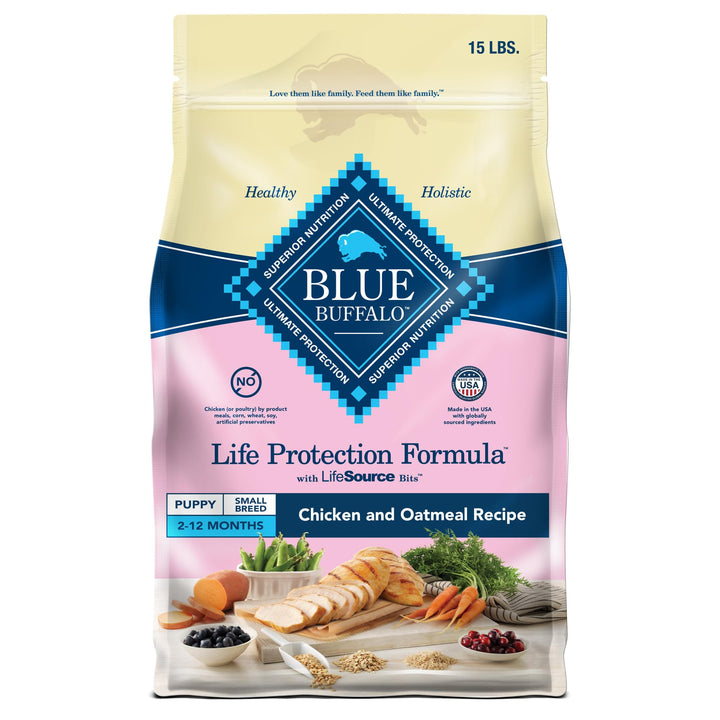 Blue Buffalo Life Protection Small Breed Puppy bag showing real chicken first ingredient for growth