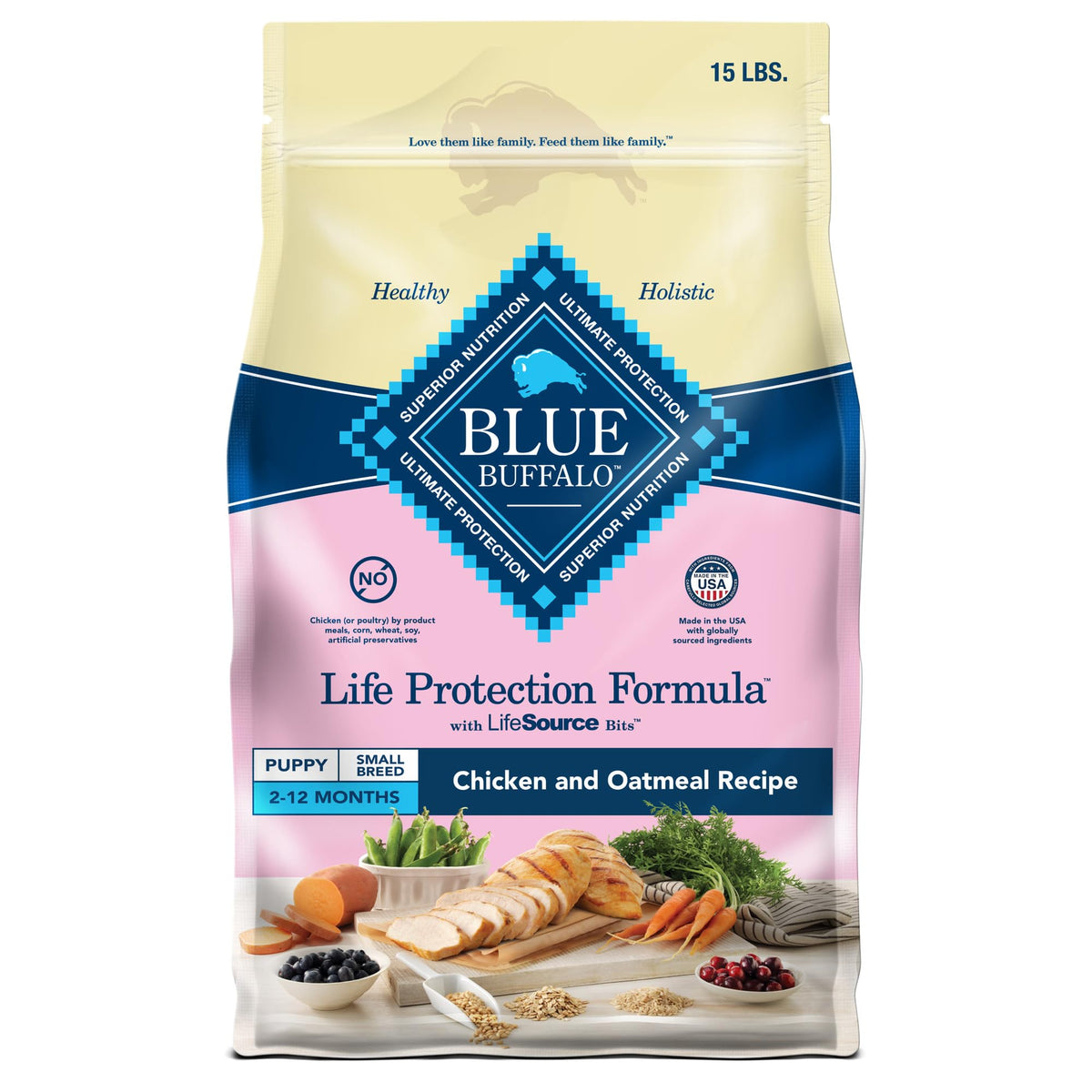 Blue Buffalo Life Protection Small Breed Puppy bag showing real chicken first ingredient for growth