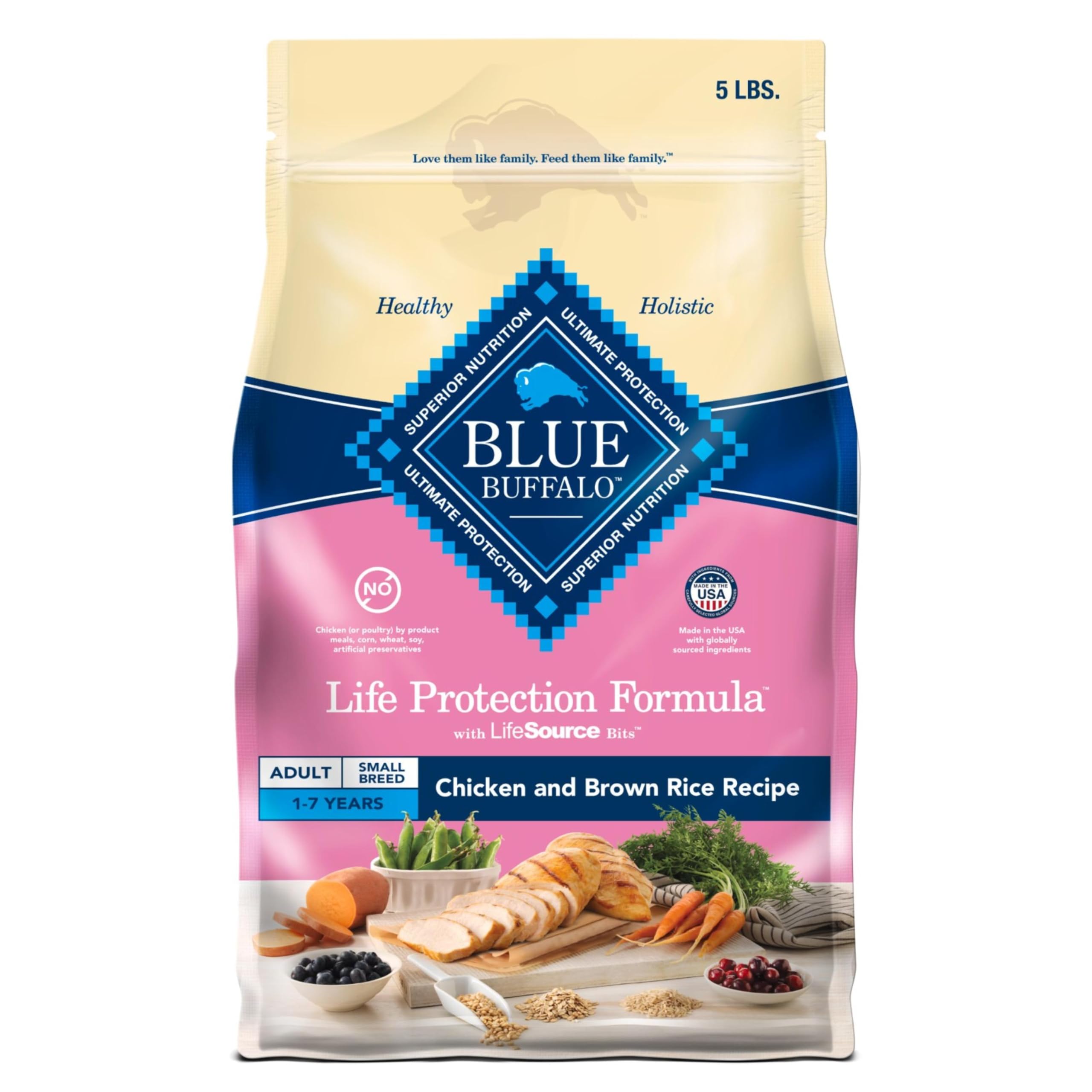 Blue Buffalo Life Protection Small Breed real chicken first for high-quality protein.