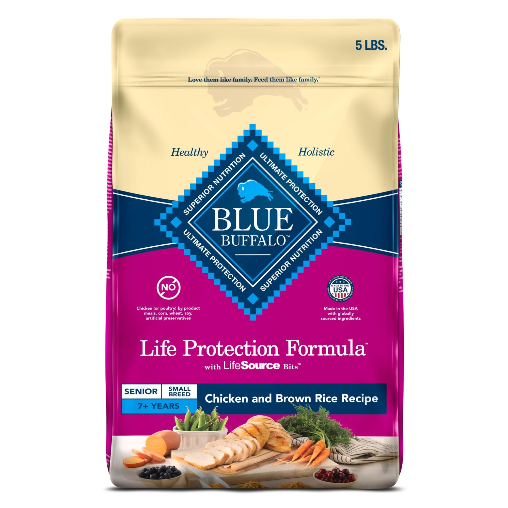 Blue Buffalo Life Protection Small Breed Senior bag—premium formula for healthy joints and immune support.