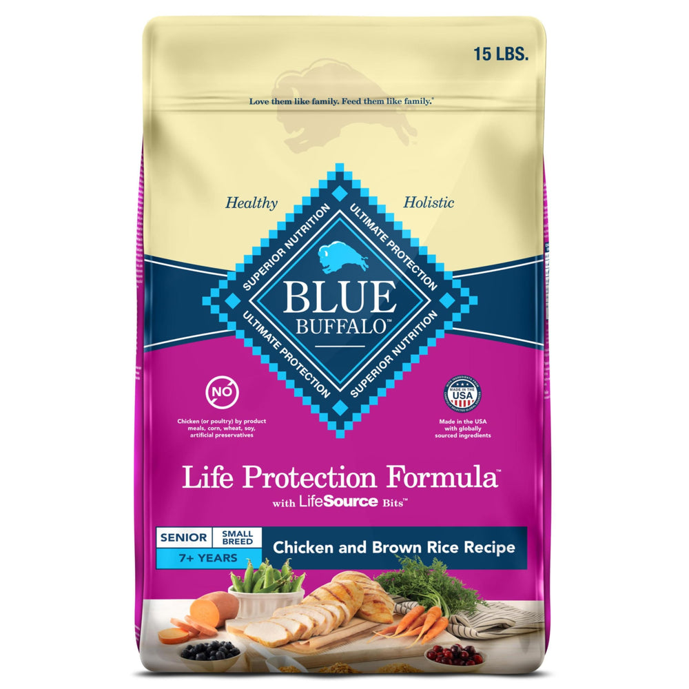 Blue Buffalo Life Protection Senior dog food bag shows real chicken first for joint-friendly nutrition.