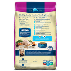 Blue Buffalo Life Protection small-breed senior kibble close-up showing real chicken flavor.