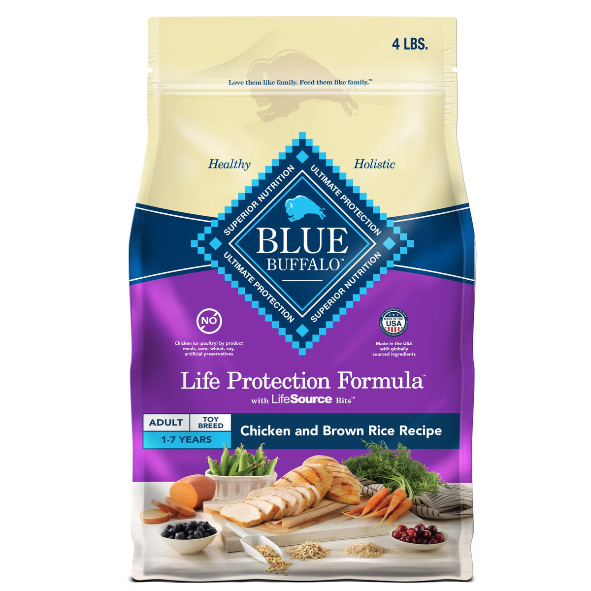 Blue Buffalo Life Protection Toy Breed bag front showing real chicken first