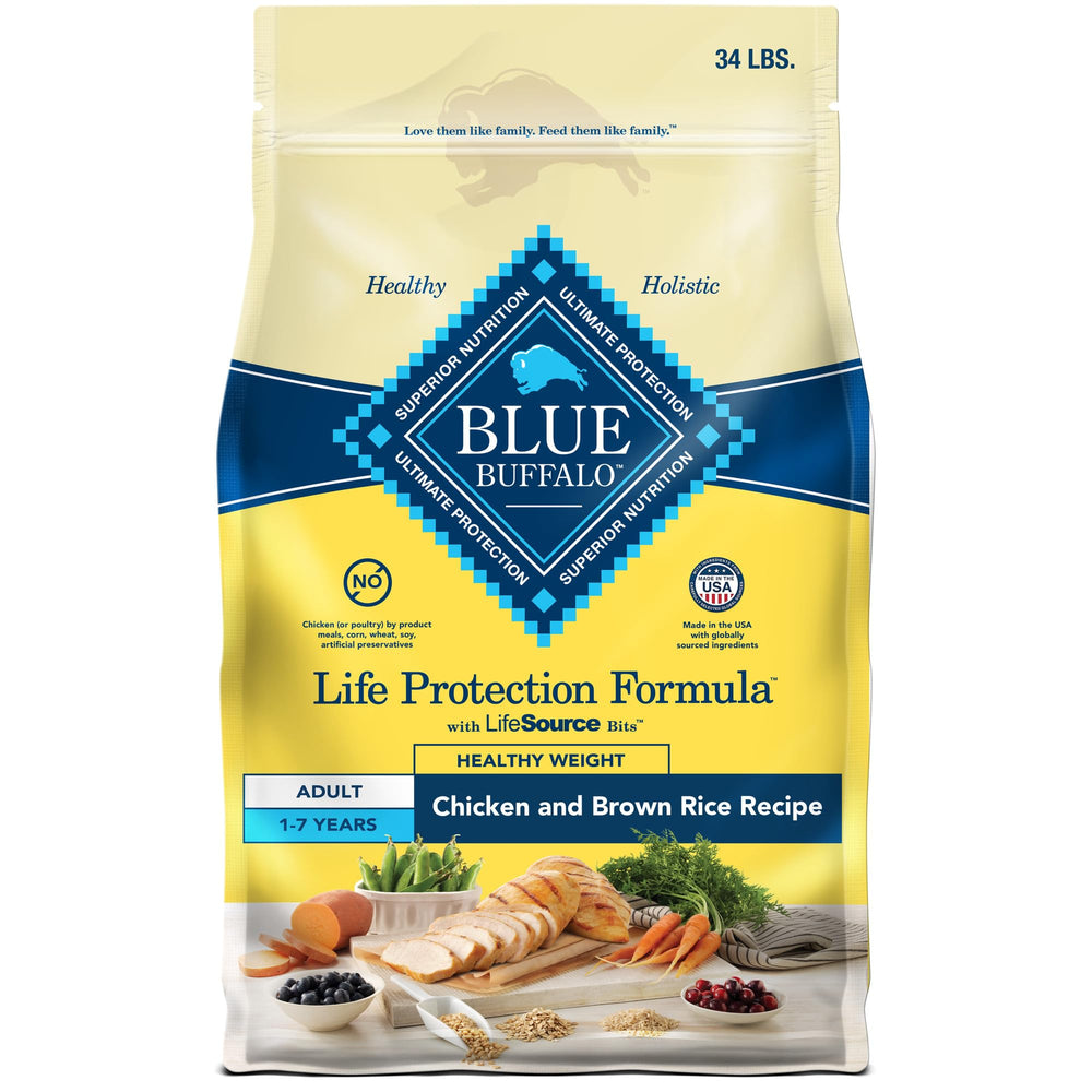 Blue Buffalo Life Protection Weight bag front featuring real chicken as the first ingredient.