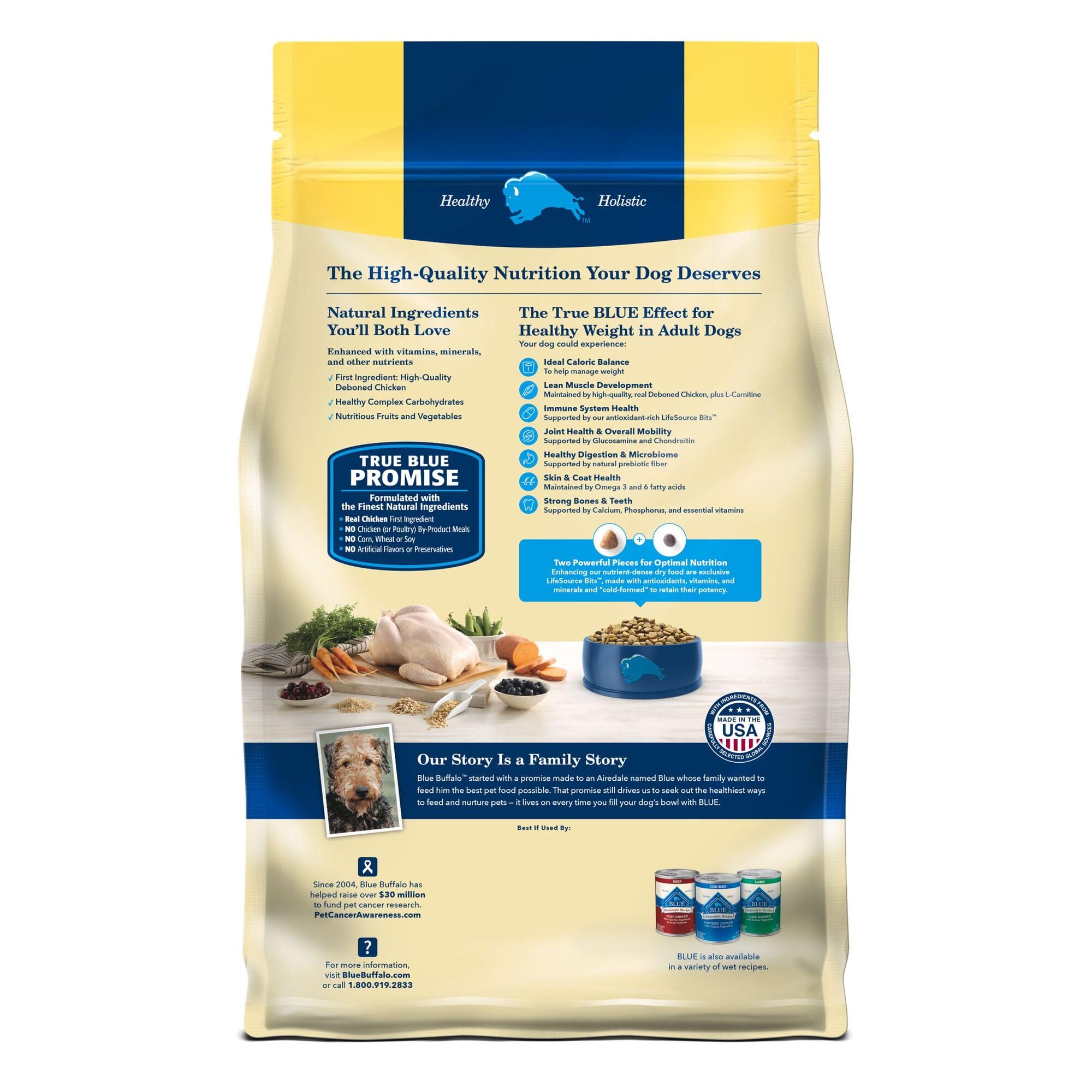 Blue Buffalo Life Protection Weight ingredients panel highlights brown rice and natural nutrition.