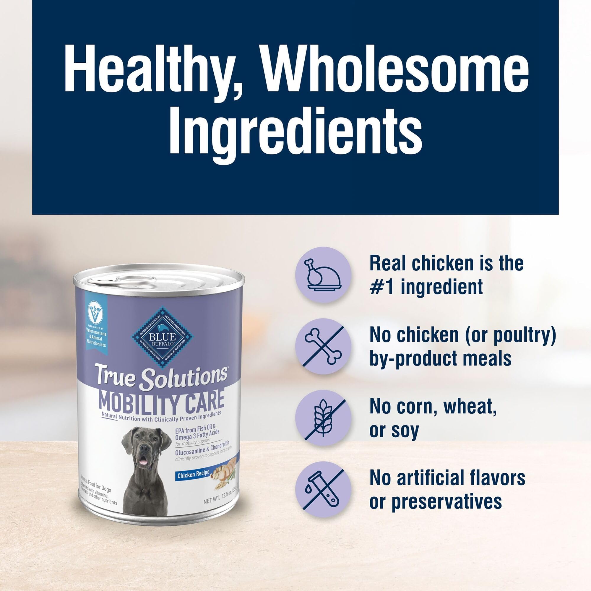 Blue Buffalo Mobility Care is free from chicken by-product meals and common allergens.