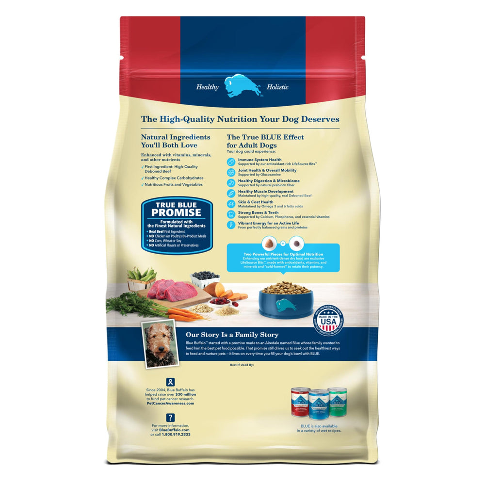 Blue Buffalo natural dry dog food highlighting premium ingredients for a wholesome, delicious diet.