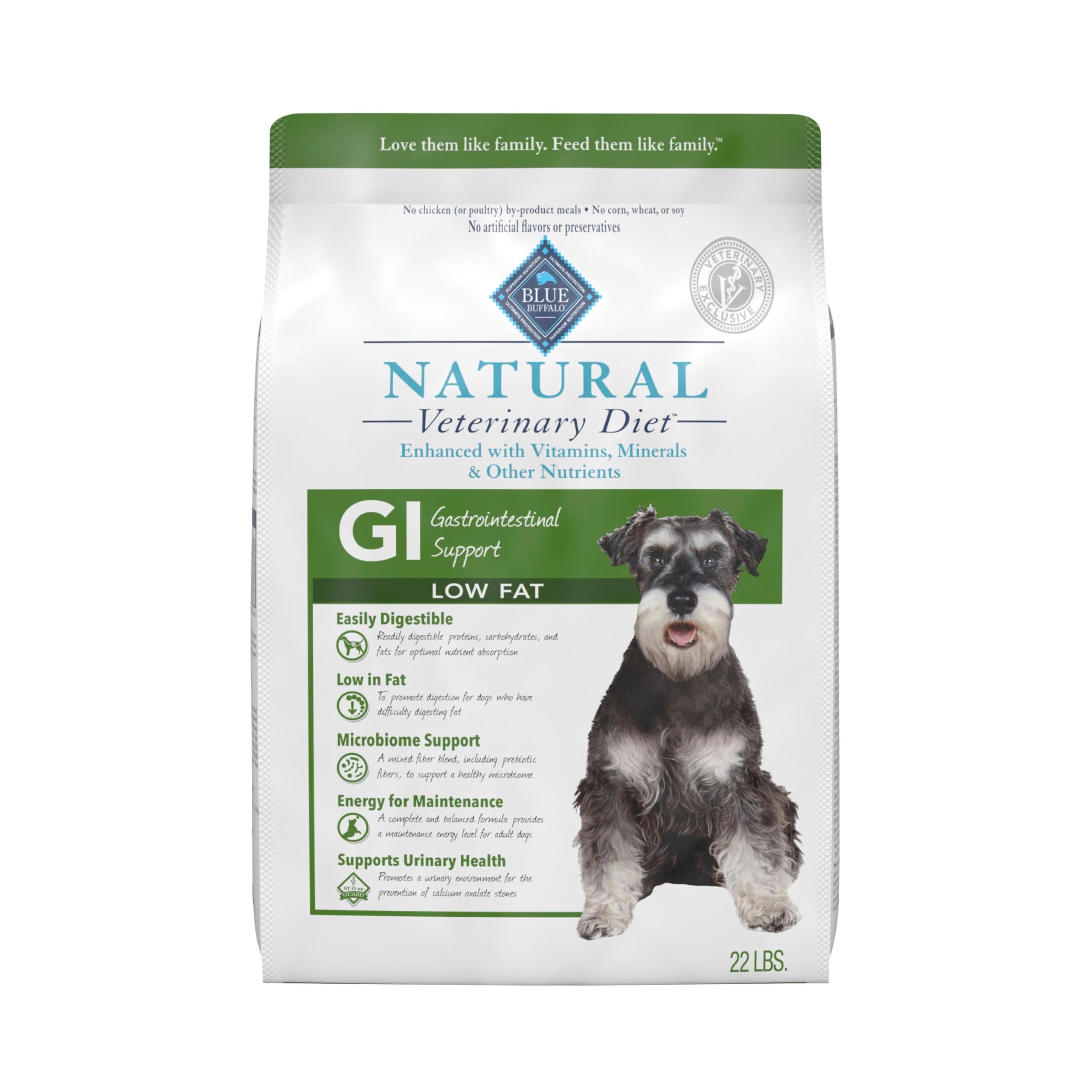Blue Buffalo GI Low Fat dog food bag highlighting prescribed GI care.