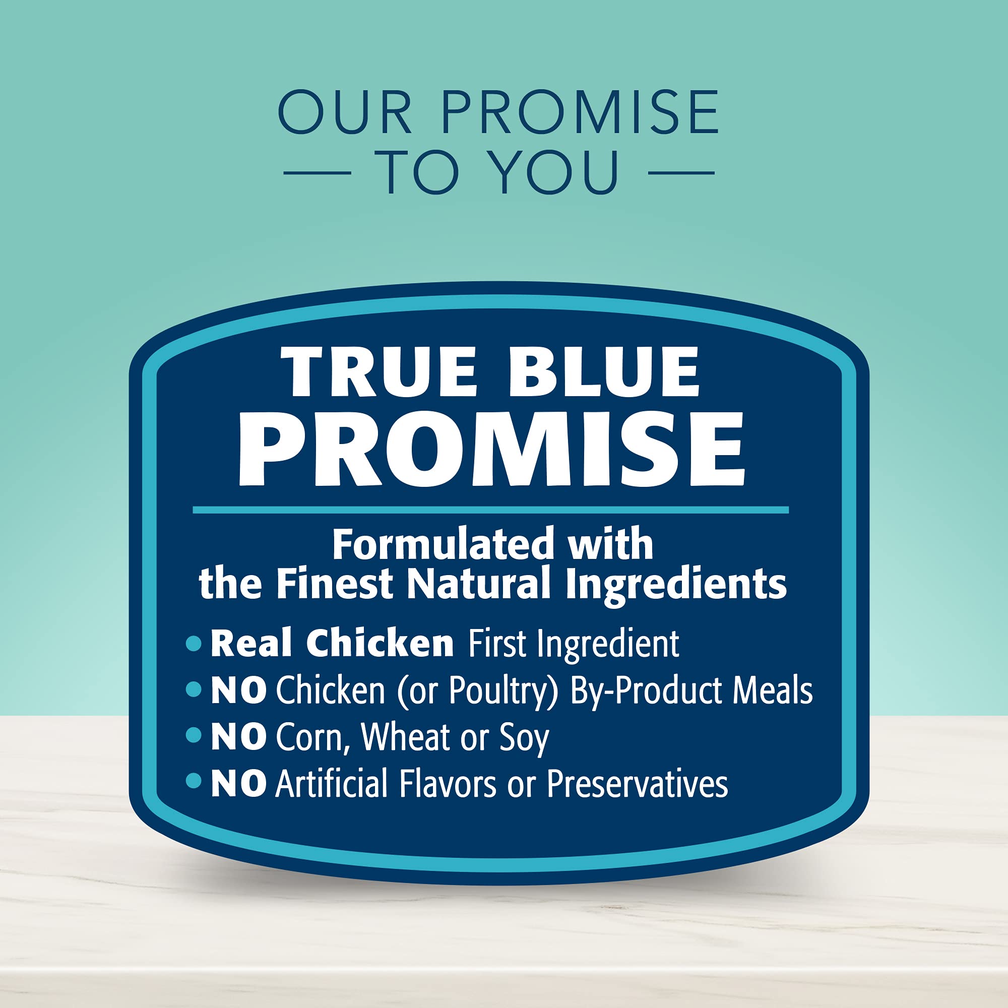 Packaging note from Blue Buffalo showing no corn, wheat, or soy in the recipe.