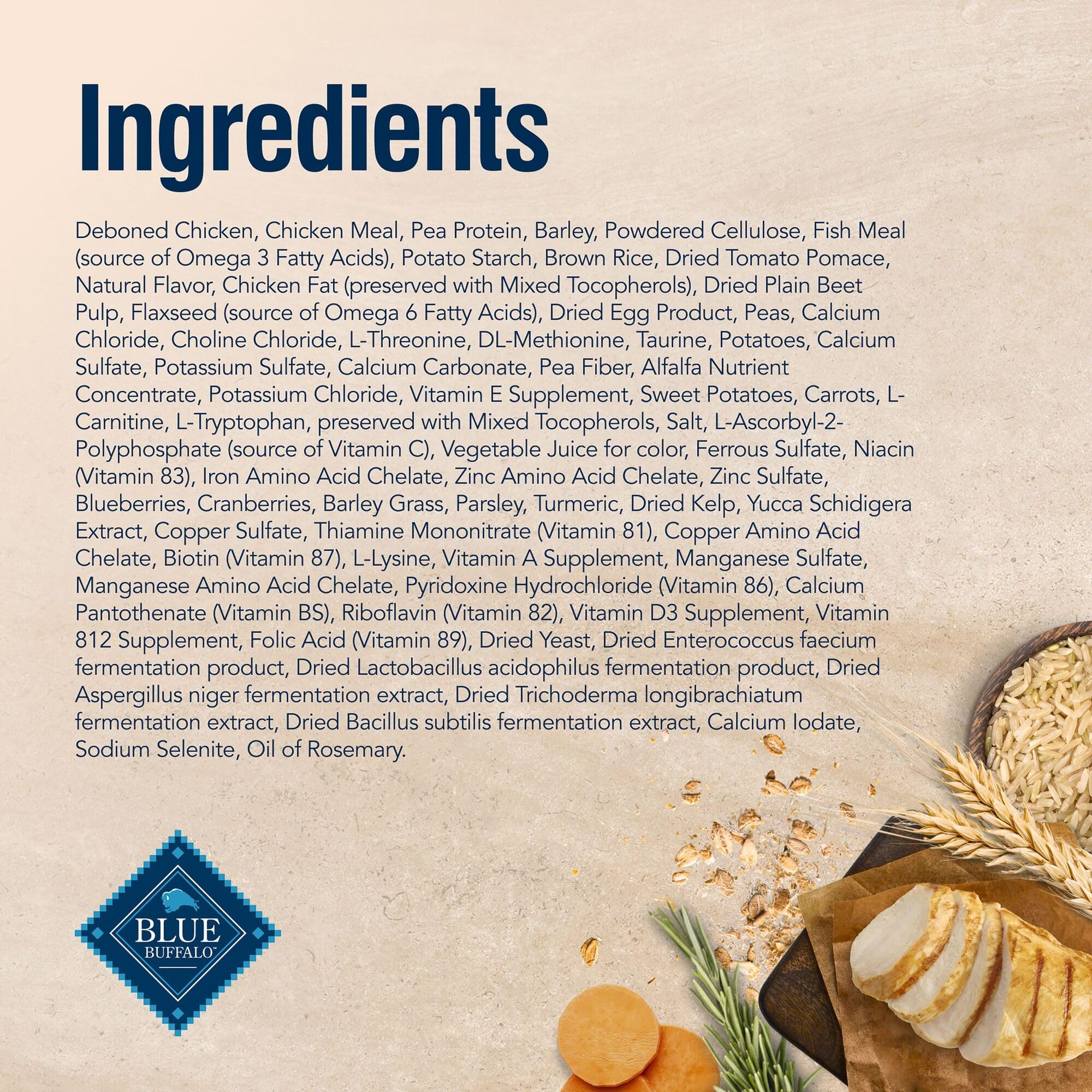 Blue Buffalo no poultry by-product meals label signals clean, protein-forward nutrition.