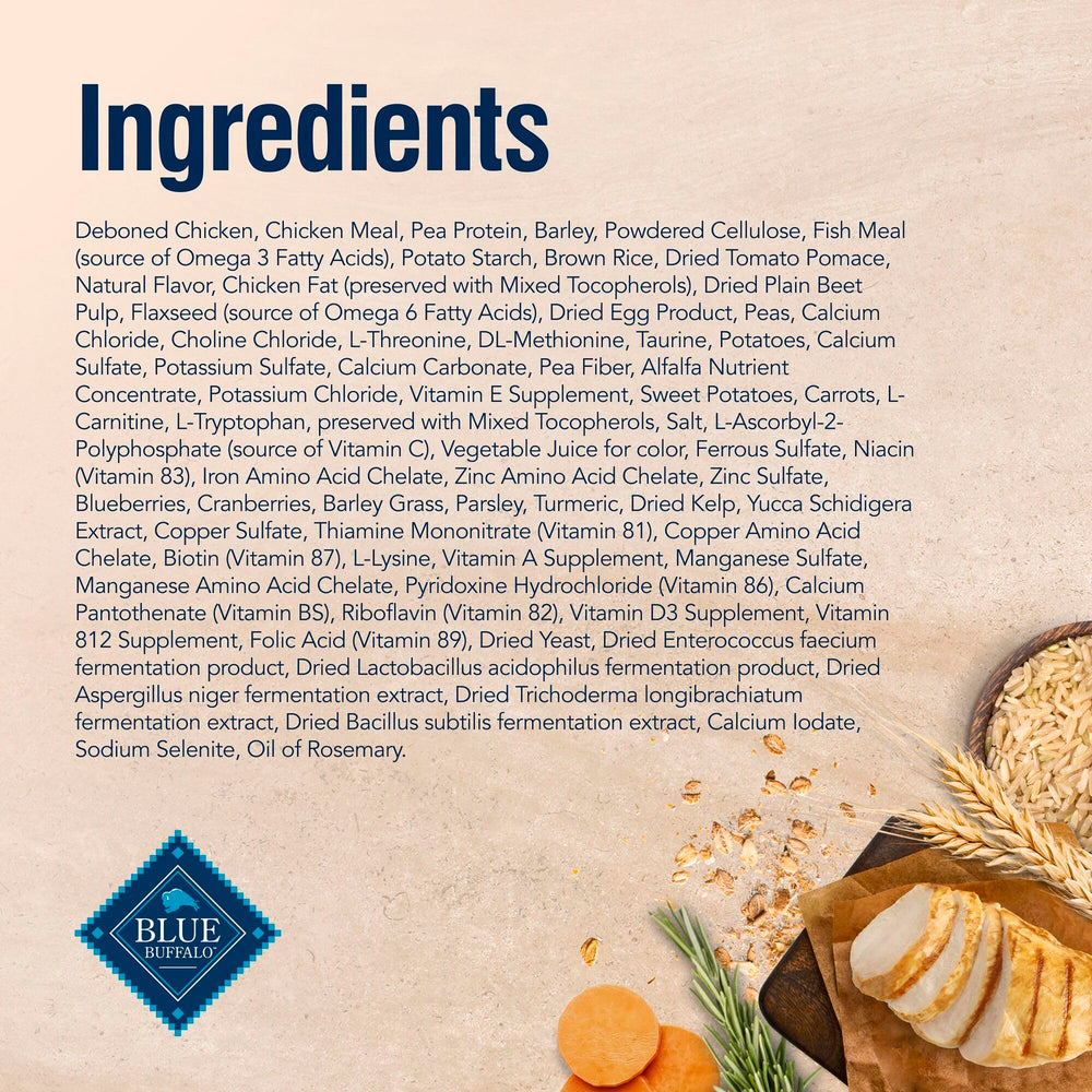 Blue Buffalo no poultry by-product meals label signals clean, protein-forward nutrition.