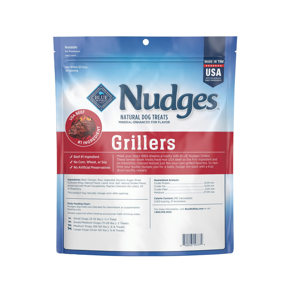 Blue Buffalo Nudges Grillers real beef first ingredient close-up.