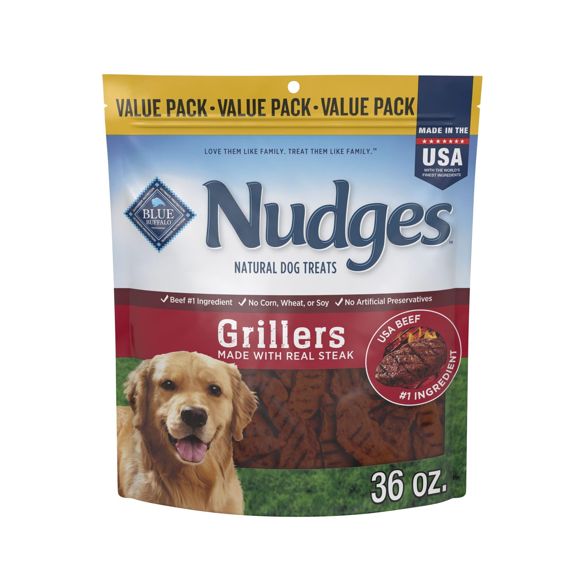 Blue Buffalo Nudges Grillers steak bag showing real USA beef as first ingredient.