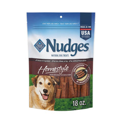 Blue Buffalo Nudges Homestyle bag front shows real chicken for a wholesome reward.