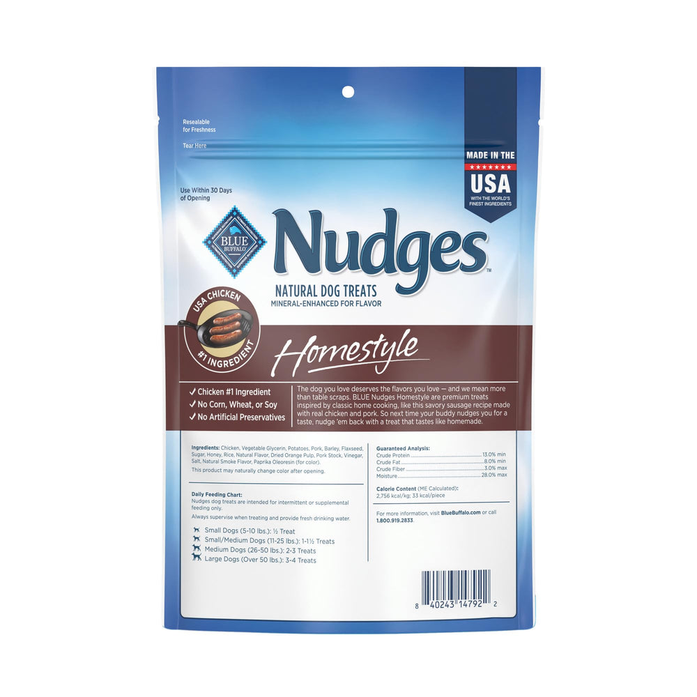 Blue Buffalo Nudges Homestyle shows real chicken as the first ingredient; a tasty reward.