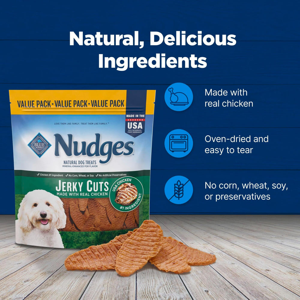 Blue Buffalo Nudges Jerky Cuts no corn, wheat, or soy in blends.