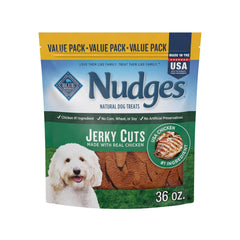 Blue Buffalo Nudges Jerky Cuts packaging highlights real chicken for tasty rewards.