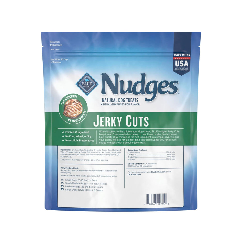 Blue Buffalo Nudges Jerky Cuts real chicken first ingredient signals natural flavor.