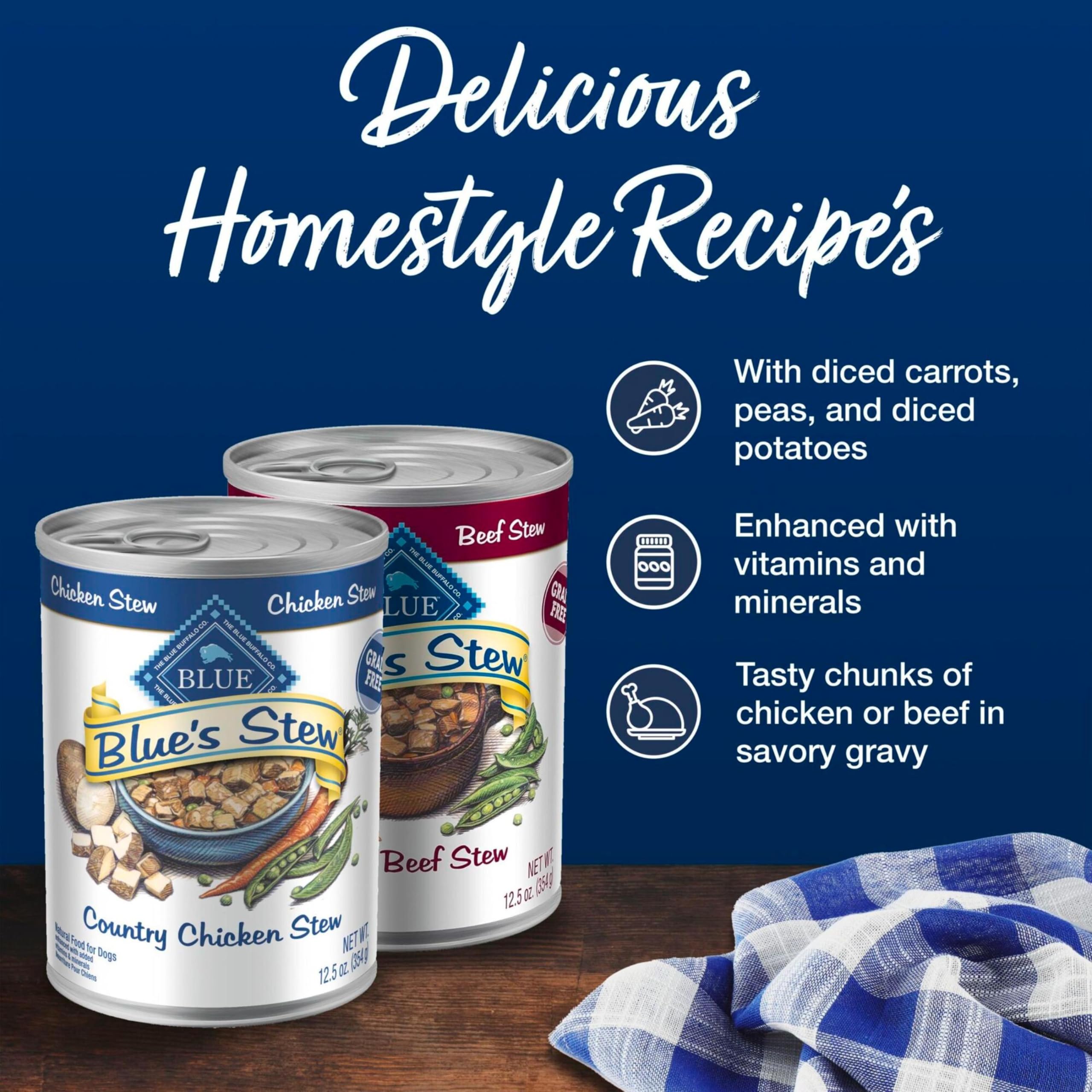 Blue Buffalo 12.5-ounce cans pack for convenient, balanced meals.