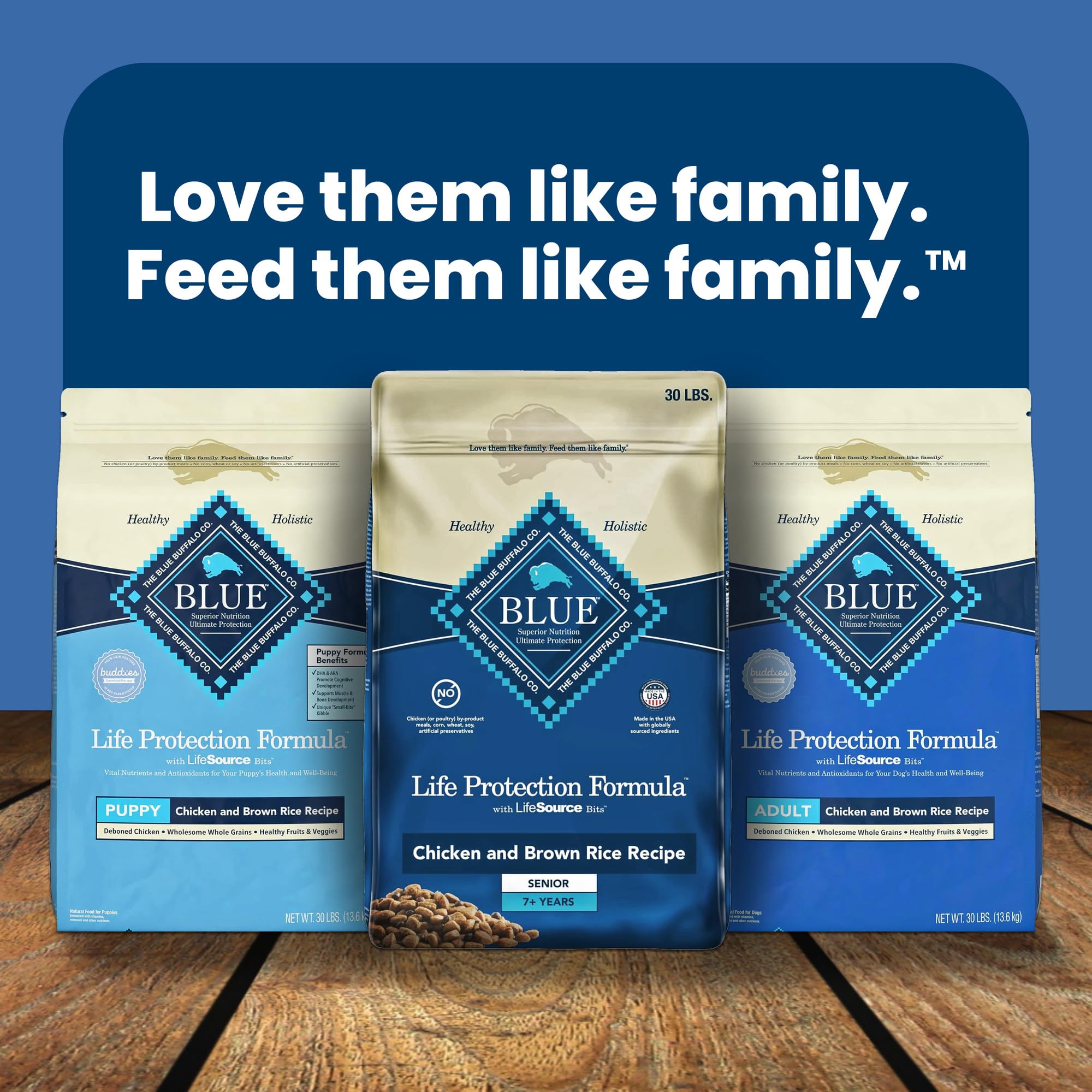 Blue Buffalo packaging highlights ingredients and benefits for busy households.
