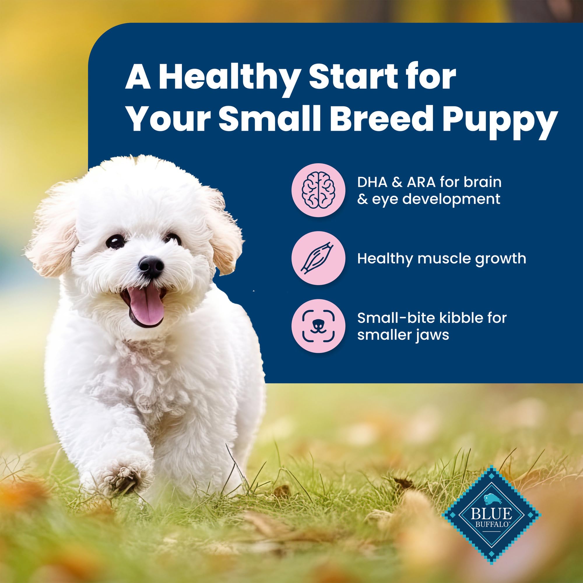 Blue Buffalo 15-lb puppy food bag angled display suggests long-lasting supply