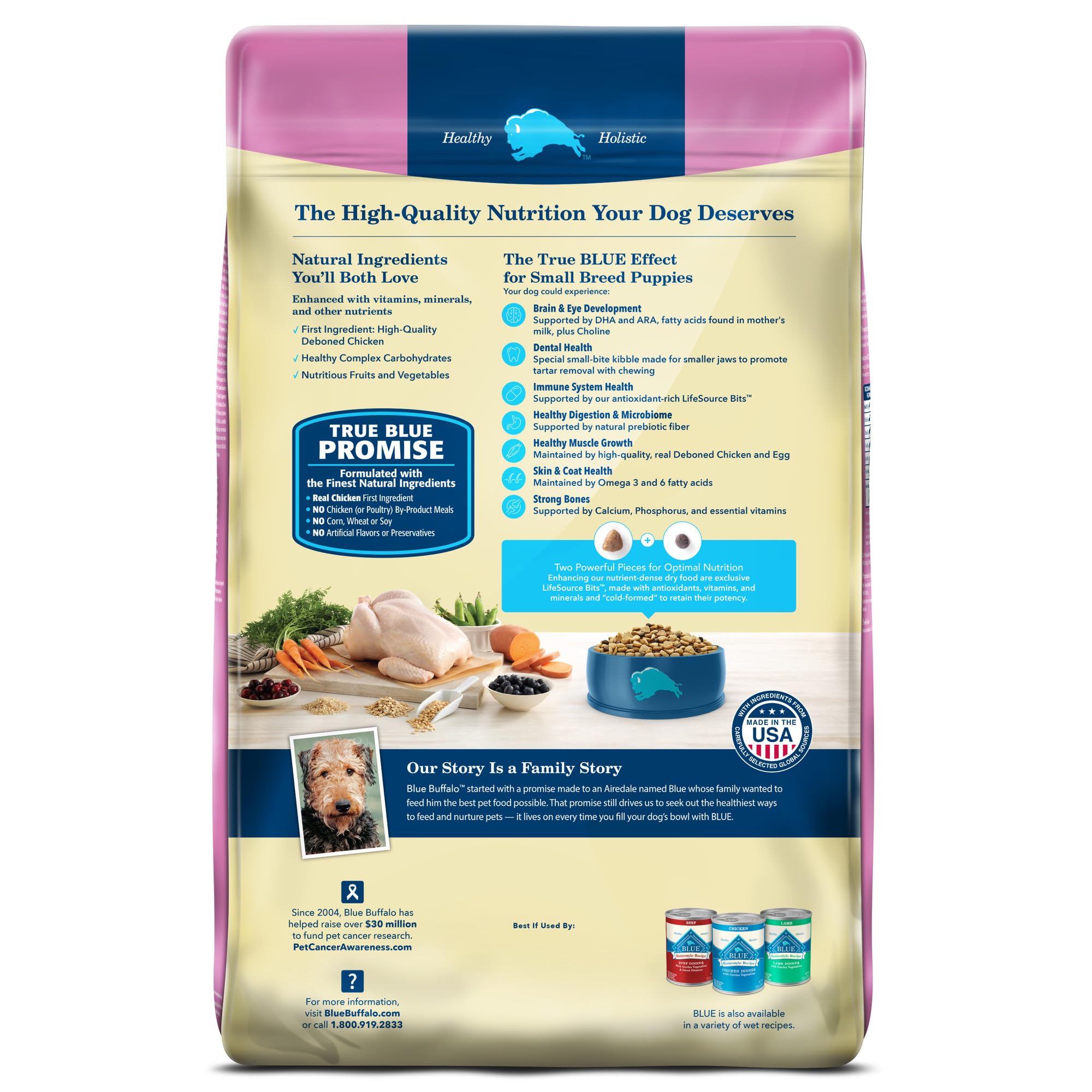 Blue Buffalo real chicken first ingredient close-up on dry puppy kibble.