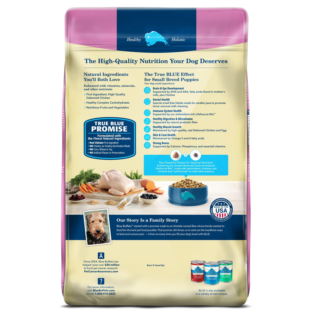 Blue Buffalo real chicken first ingredient close-up on dry puppy kibble.